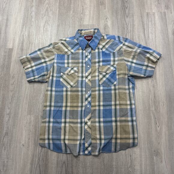 Vintage Wrangler Western Shirt Men's XL Blue Tan Pearl Snap 80s Cowboy Rodeo - Picture 1 of 6